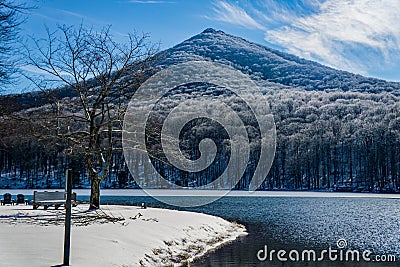 Wintertime View of Abbott Lake and Sharp Top Mountain - 2 Editorial Stock Photo